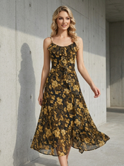 Yellow Floral Ruffle Cold-Shoulder Midi Vacation Dress
