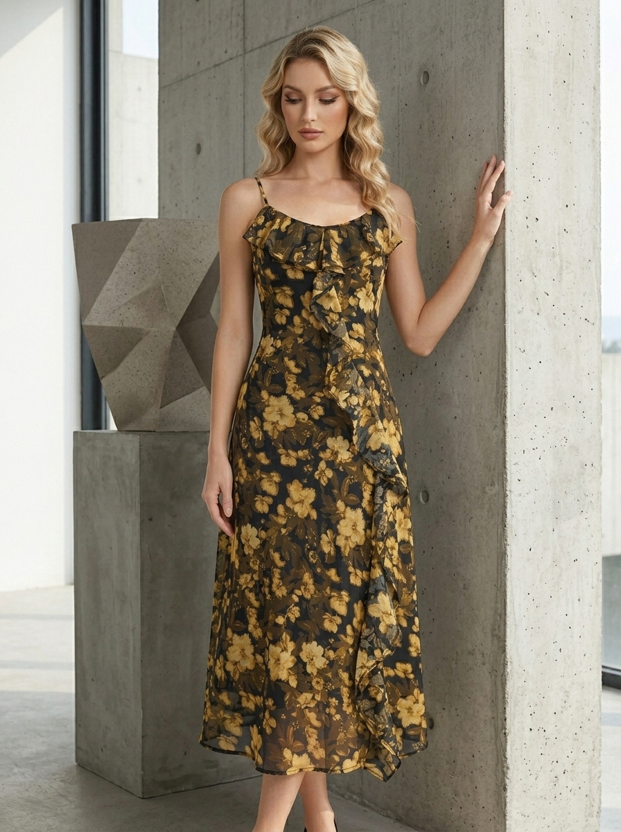 Yellow Floral Ruffle Cold-Shoulder Midi Vacation Dress