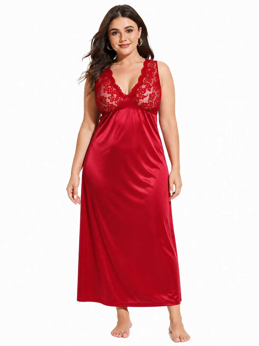 Woman wearing a red satin maxi nightgown with lace detailing