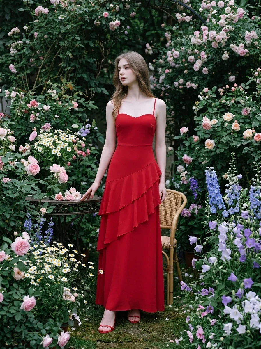 Woman wearing a red floor-length chiffon dress with tiered ruffles and spaghetti straps, posing in a rose garden.