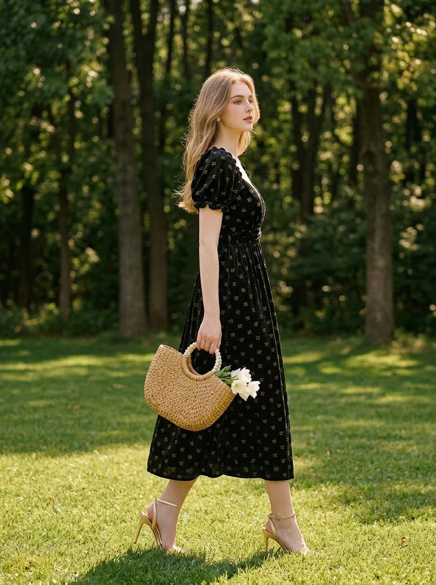 A woman walks across a grassy lawn wearing a black velvet midi dress with a floral print and carrying a straw basket.