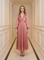 Twist Front Pleated Satin Midi Dress - Rose Pink