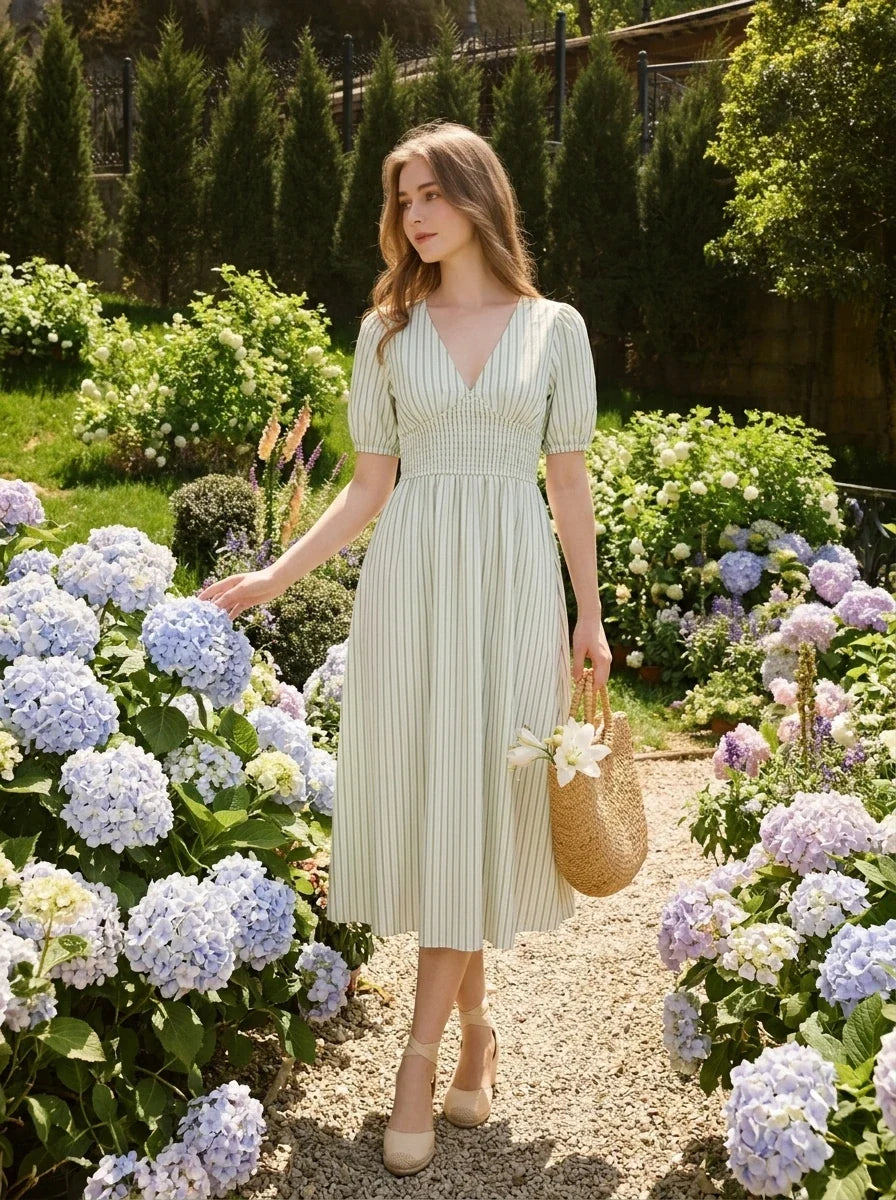 Woman walking in a garden wearing a light green and white striped midi dress with puff sleeves and a V-neck, holding a straw bag.