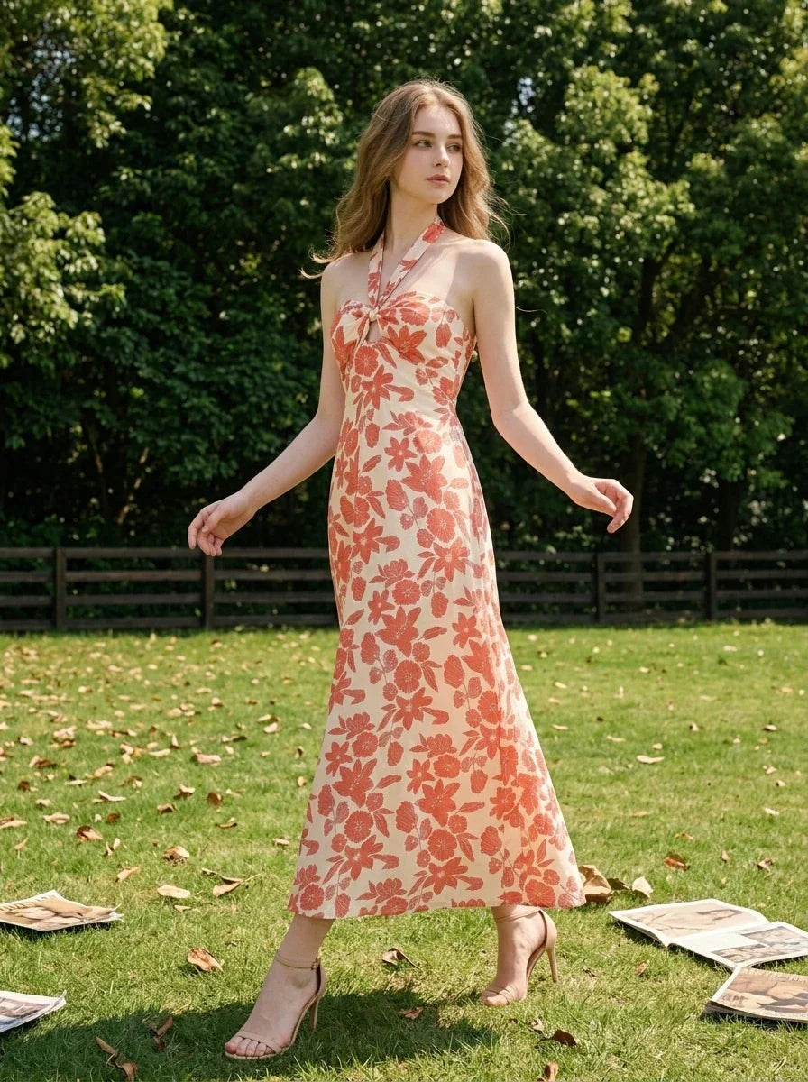 Woman wearing a cream and coral floral print halter midi dress, walking in a grassy field with trees in the background.