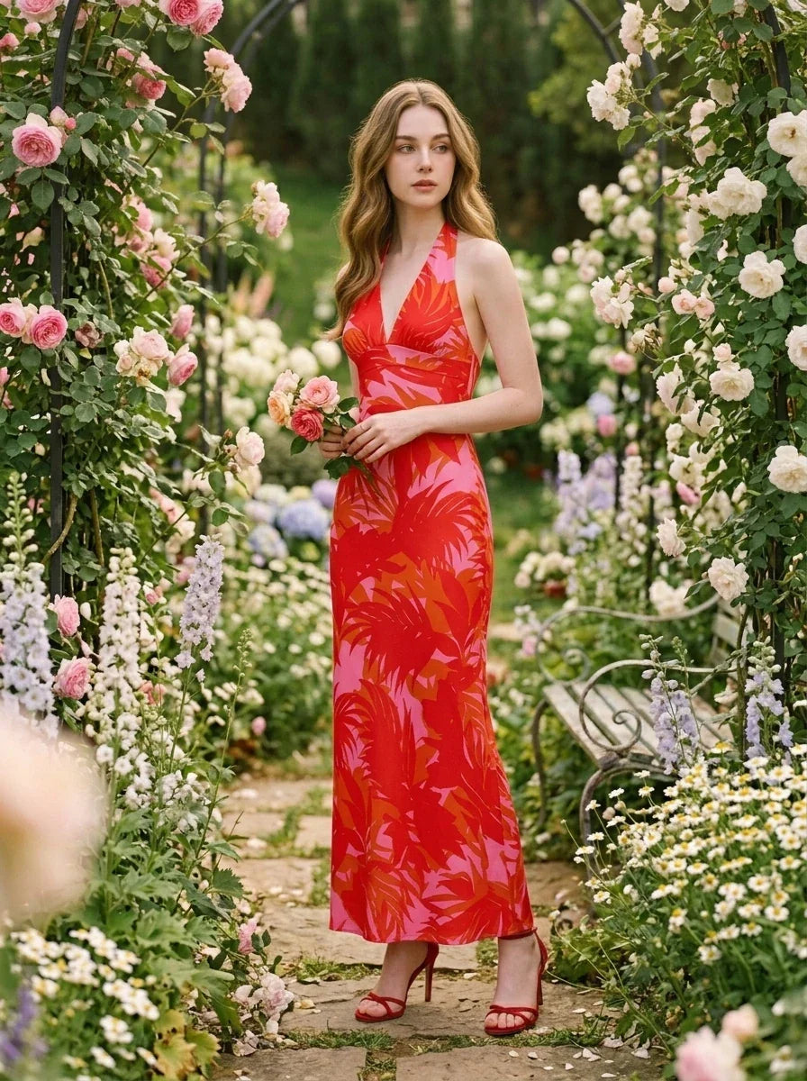 Woman in a red and pink tropical print halter maxi dress holding a bouquet of flowers in a garden