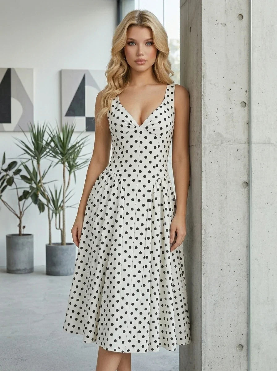 Woman in a white polka dot dress leaning against a concrete pillar