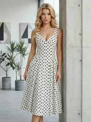 Woman in a white polka dot dress leaning against a concrete pillar