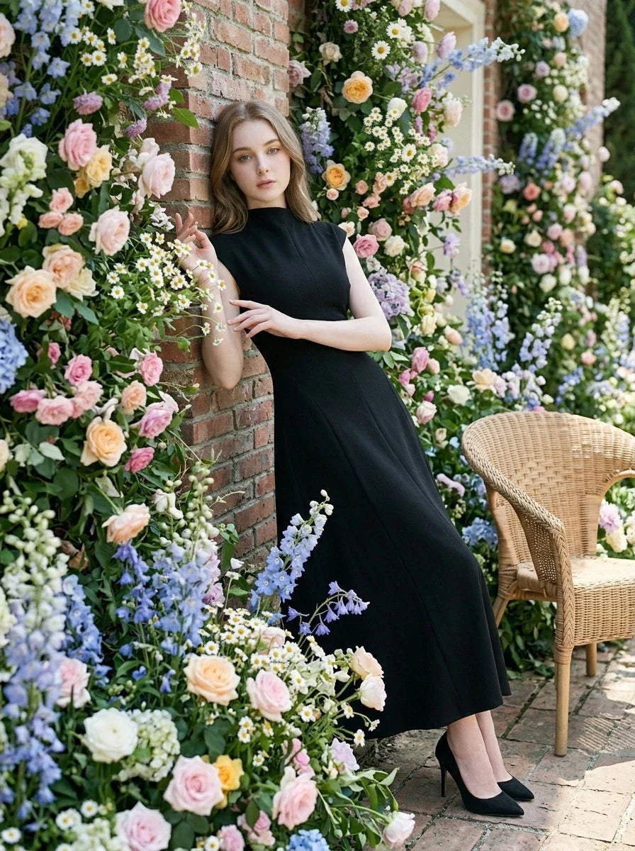Woman in a black mock neck cap sleeve A-line dress leaning against a brick wall adorned with flowers.