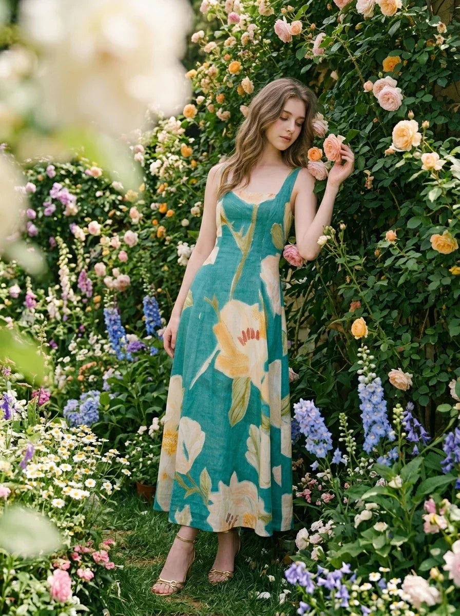 Woman standing near a rose bush wearing a teal floral print midi dress