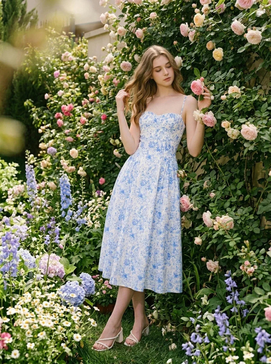 Woman wearing a blue and white floral print midi dress with spaghetti straps, posing near a rose bush.