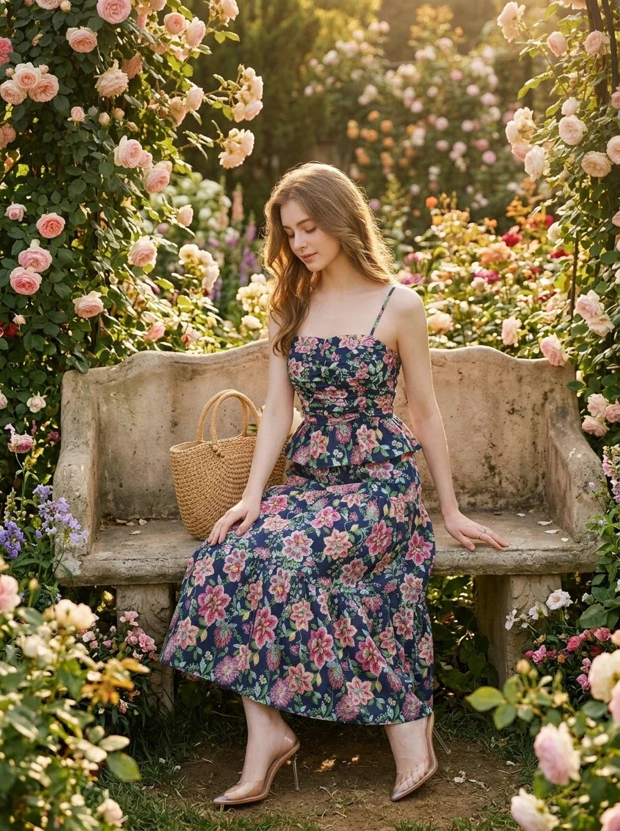 Woman sitting on a stone bench in a garden wearing a navy floral print midi dress with spaghetti straps and a peplum waist.