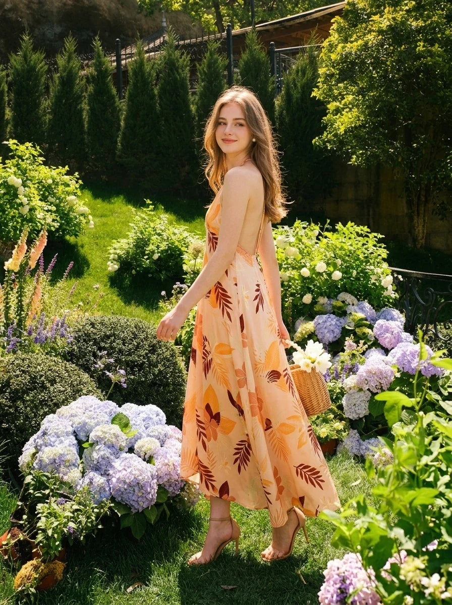 Woman walking in a garden wearing a long, floral print, halter neck dress with an open back, carrying a straw basket.