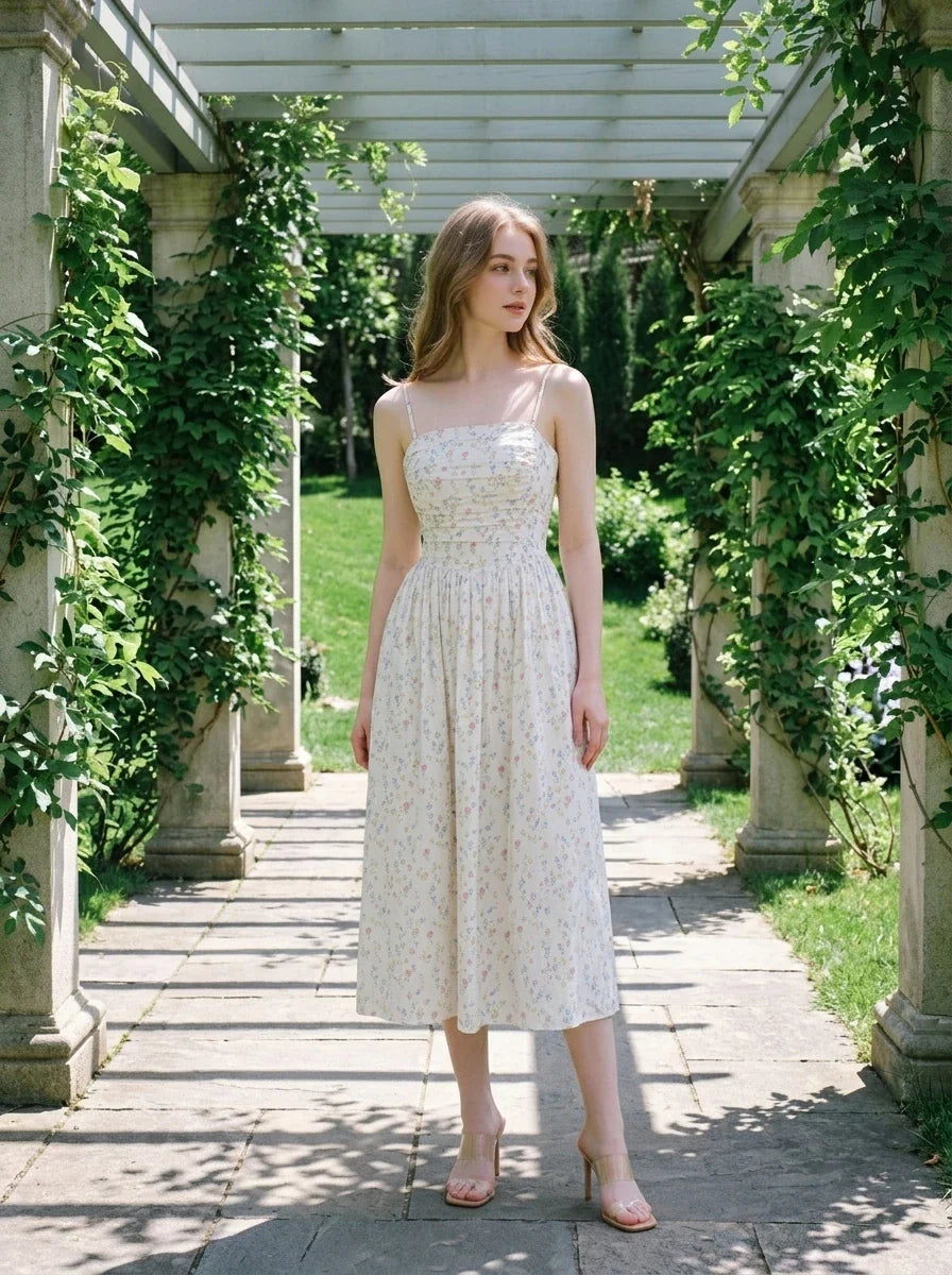 Woman wearing a white floral print midi dress with spaghetti straps and a square neckline, standing on a stone pathway under a pergola.