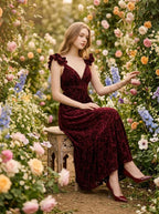 Velvet Floral Corset Back Maxi Dress - Burgundy