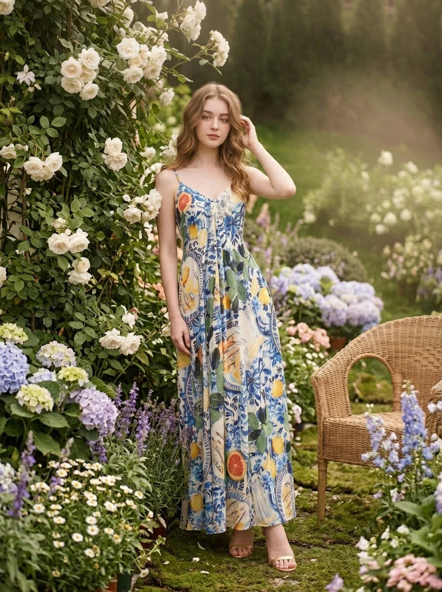 Woman wearing a long, sleeveless maxi dress with a colorful fruit and floral print, posing in a garden with roses and hydrangeas.