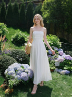 White Strapless Pleated Linen Maxi Dress