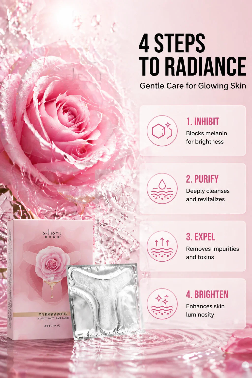Product packaging with rose design and a single product pack, with overlay text detailing the 4 steps to radiant skin.