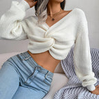 Olive Moss Twist-Front Crop Knit Sweater - View 9 | TEVQA