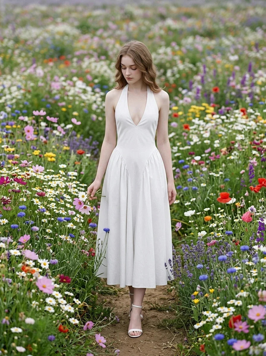 Woman in a white halter neck midi dress walking through a field of colorful wildflowers.