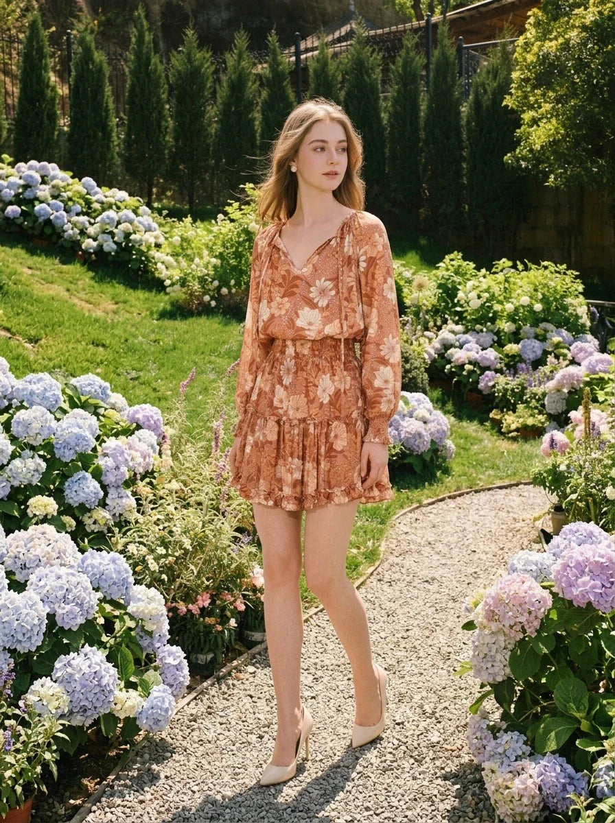 Woman walking in a garden wearing a floral print mini dress with long sleeves and a V-neck.