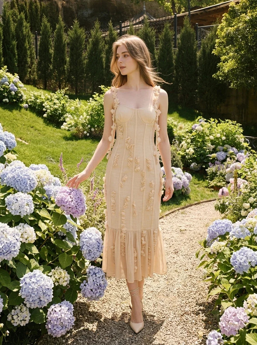 Woman wearing a cream-colored sleeveless midi dress with floral embellishments and a ruffled hem, walking through a garden with hydrangeas.
