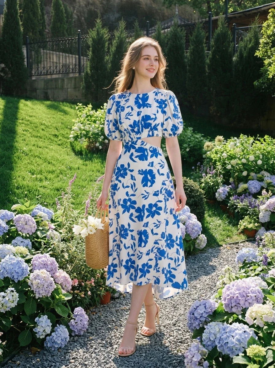 Woman wearing a white and blue floral print midi dress with cut-out waist and puff sleeves, holding a straw bag in a garden.