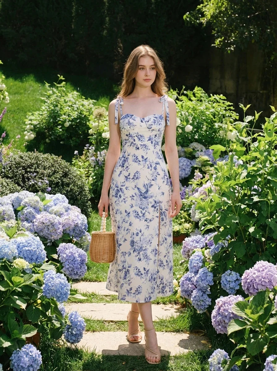 Woman wearing a floral print midi dress with tie shoulder straps and a high slit, walking in a garden with hydrangeas.