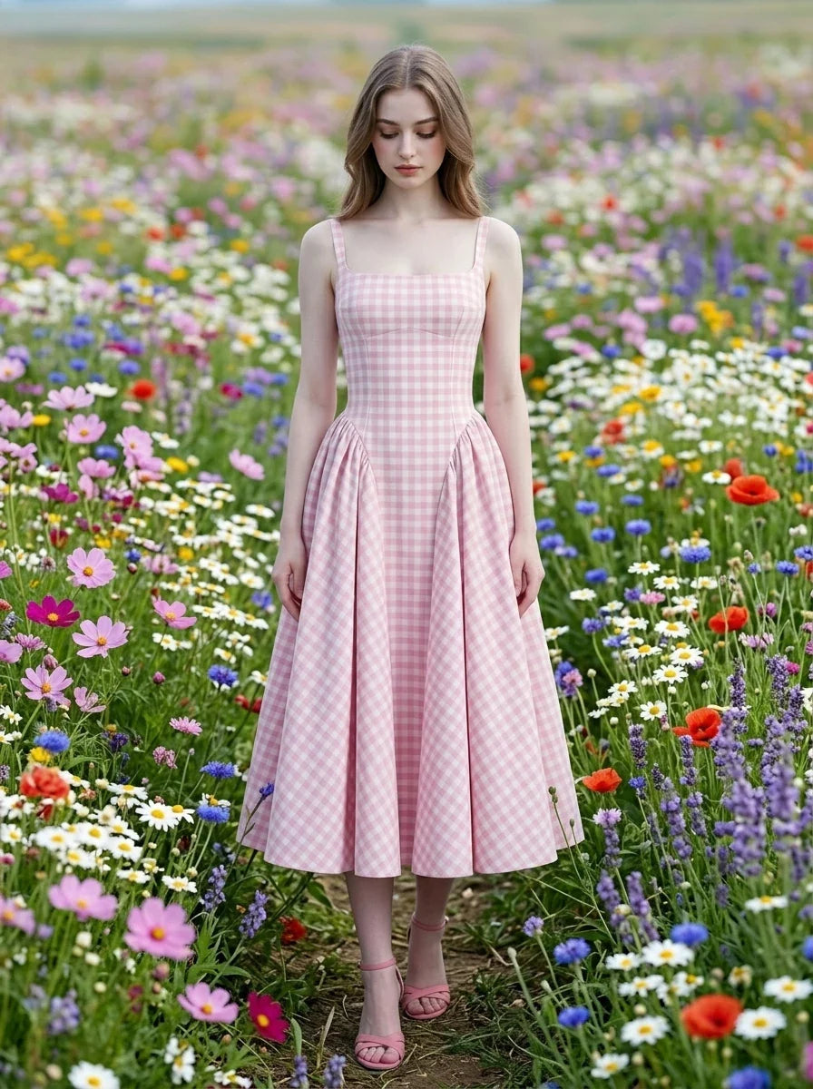 A woman models a pink and white gingham midi dress with a square neckline and a full, pleated skirt, walking through a field of wildflowers.