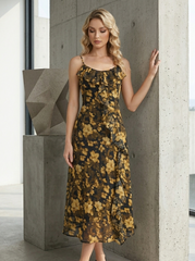 Yellow Floral Ruffle Cold-Shoulder Midi Vacation Dress
