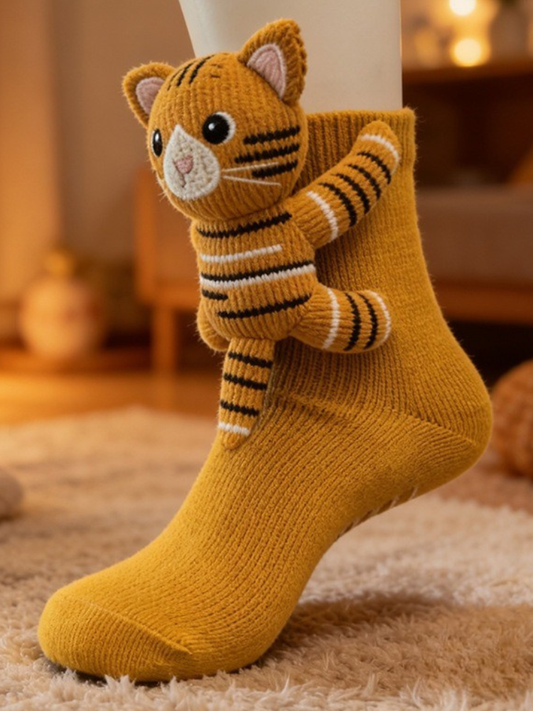 Yellow 3D Tiger Knit Slipper Socks Non-Slip
