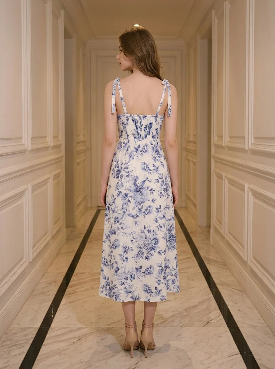 Back view of a woman wearing a floral print midi dress with tie shoulder straps and a high slit, standing in a hallway.