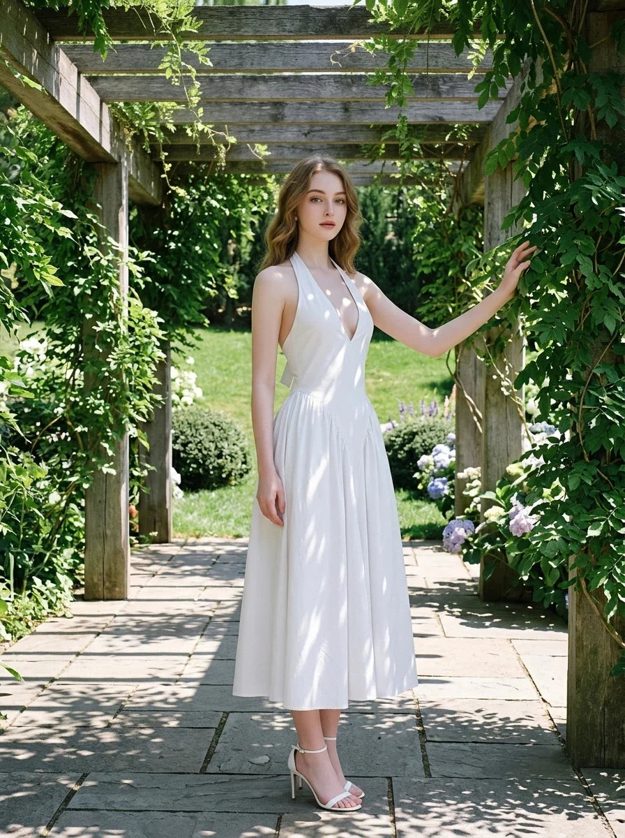 Woman in a white halter neck midi dress posing on a stone pathway under a wooden pergola with lush greenery.