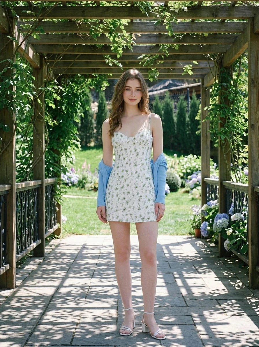 Woman wearing a white floral print mini dress with spaghetti straps and a sweetheart neckline, with a blue cardigan draped over her shoulders, standing in a garden arbor.