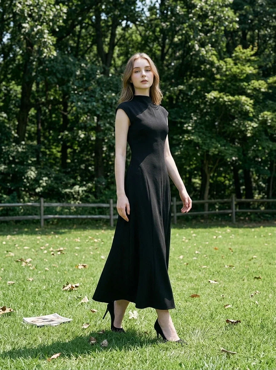 Woman in a black mock neck cap sleeve A-line dress walking in a grassy park with trees in the background.