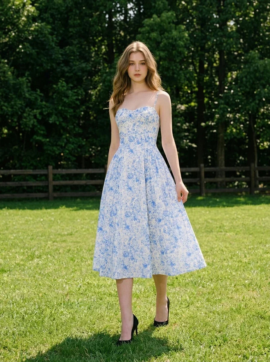 Woman wearing a blue and white floral print midi dress with spaghetti straps, walking in a grassy field.