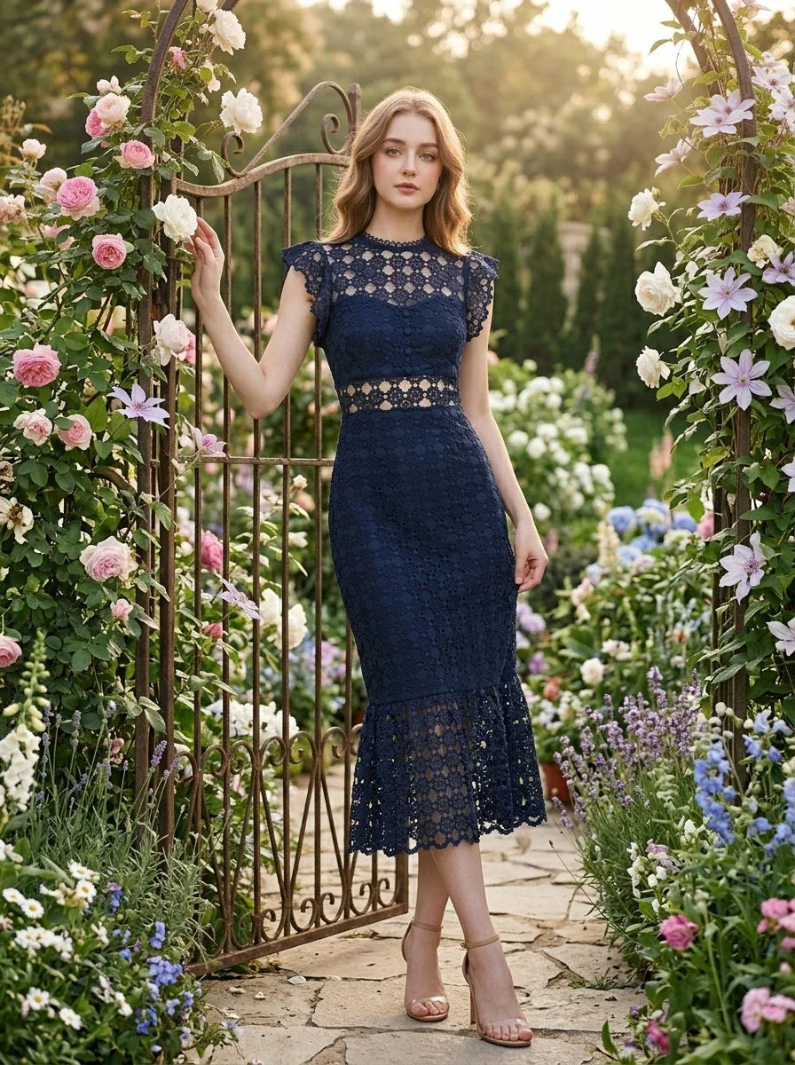 Woman in a navy blue lace mermaid dress with a high neck and cap sleeves, posing by a garden gate with roses.
