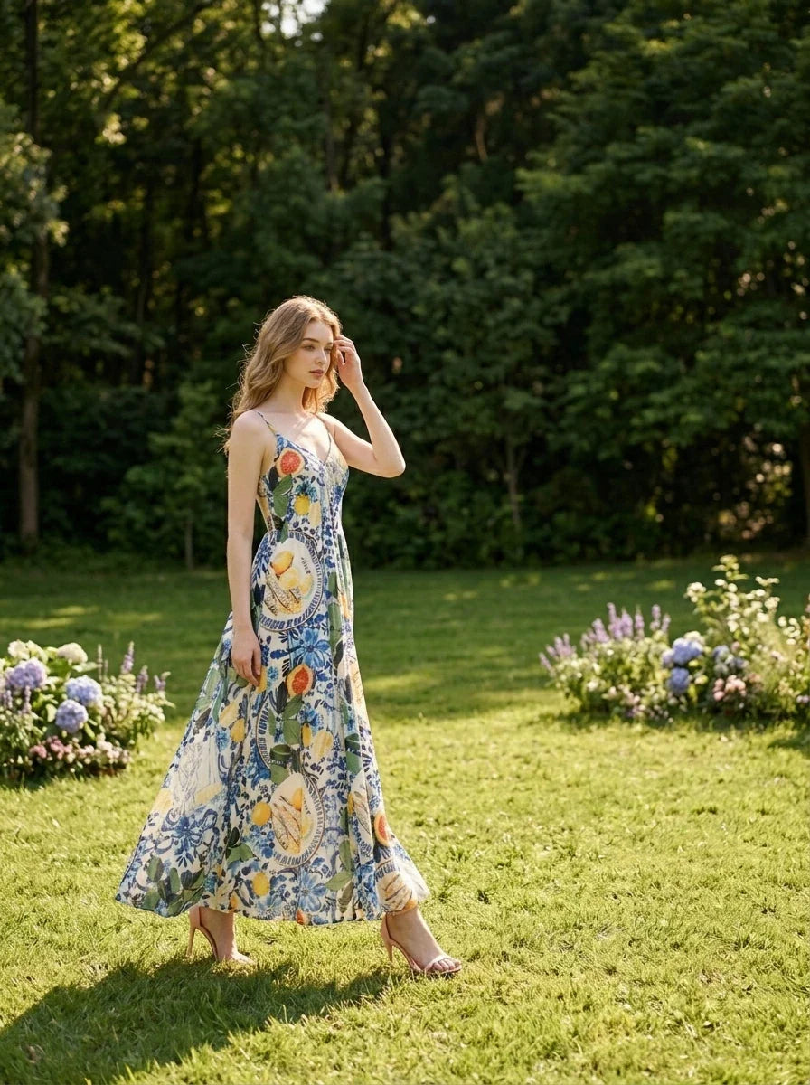 Woman wearing a long, sleeveless maxi dress with a colorful fruit and floral print, walking in a grassy garden area.