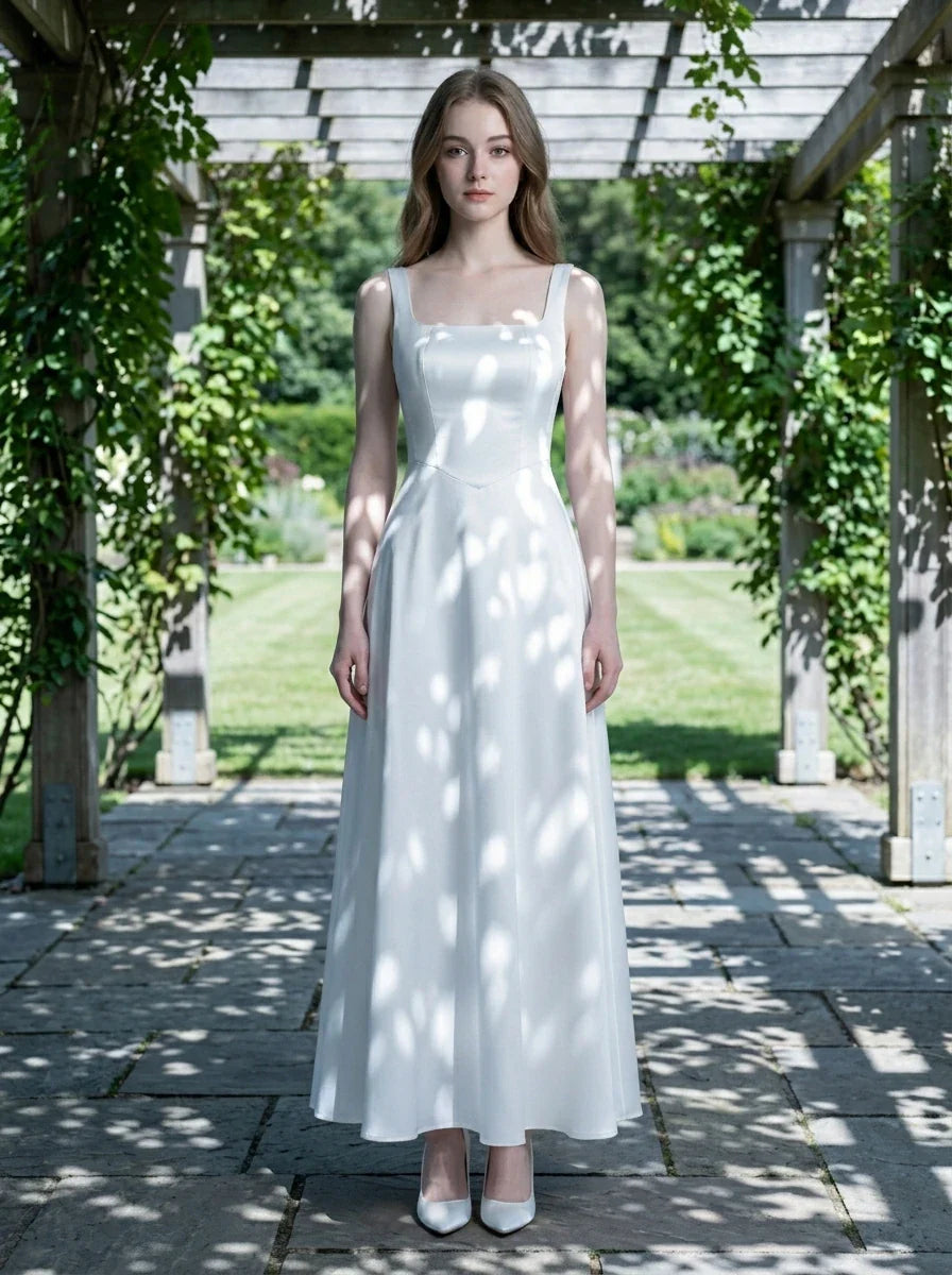 Woman wearing a white satin sleeveless A-line wedding dress with a square neckline, standing in an outdoor pergola