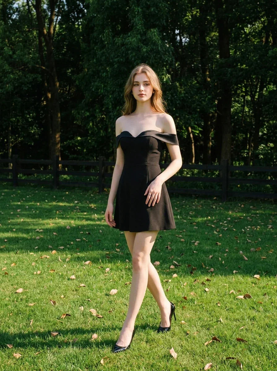 Woman standing in a grassy field wearing a black off-the-shoulder dress