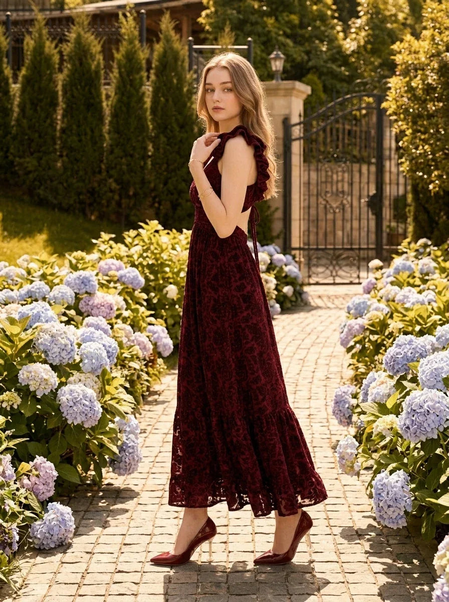 Velvet Floral Corset Back Maxi Dress - Burgundy