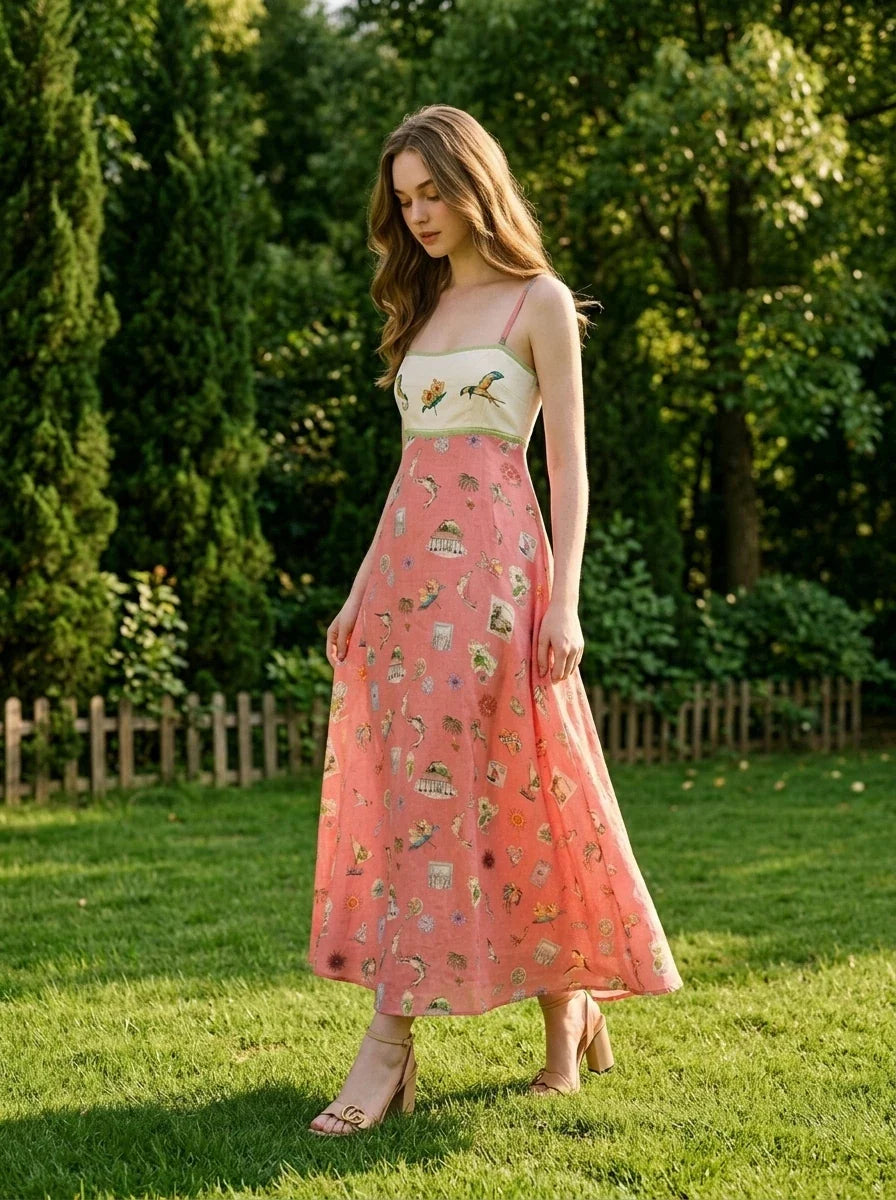 Woman in a coral A-line midi dress with spaghetti straps and a square neckline, walking on a lawn in a garden.