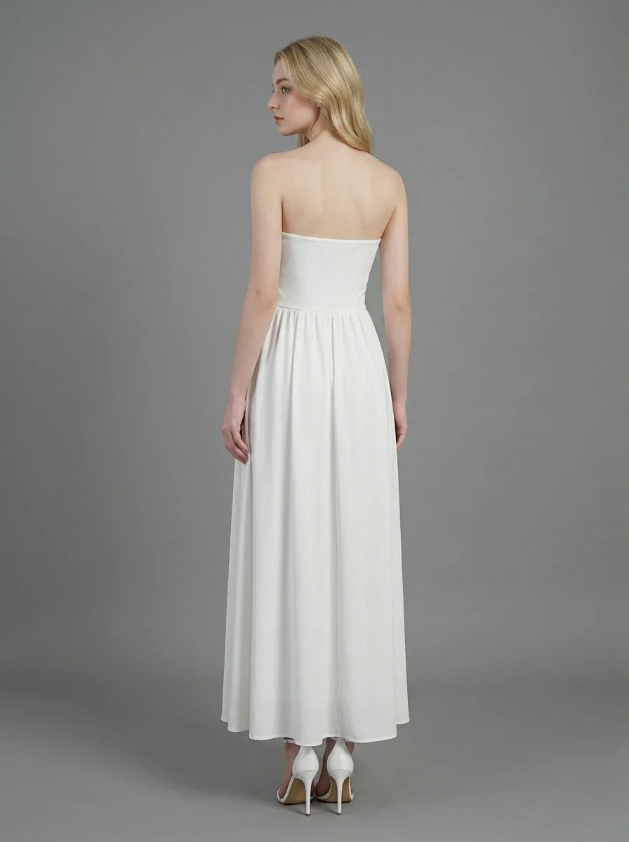 White Strapless Pleated Linen Maxi Dress