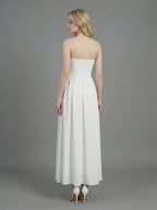 White Strapless Pleated Linen Maxi Dress