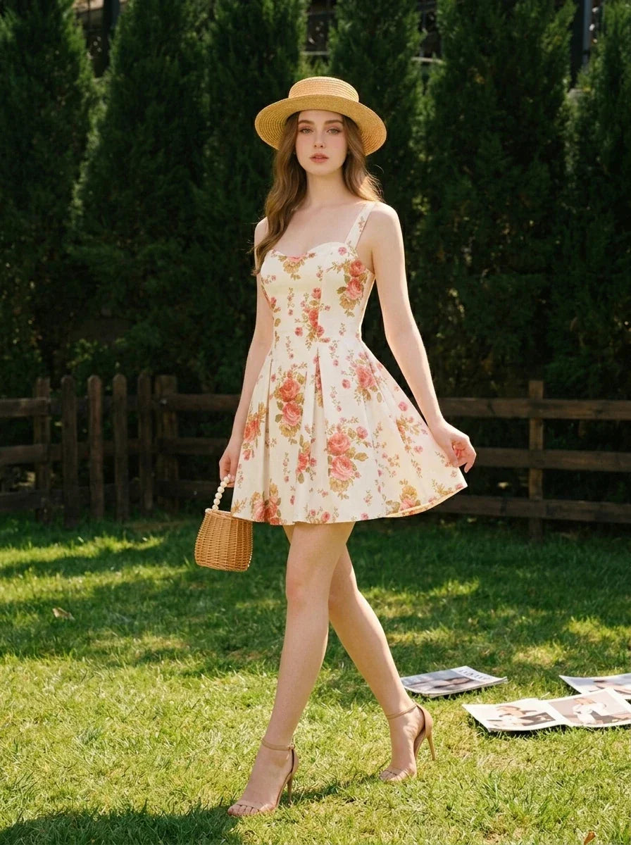 Woman walking in a garden wearing a floral print fit and flare dress and a straw hat