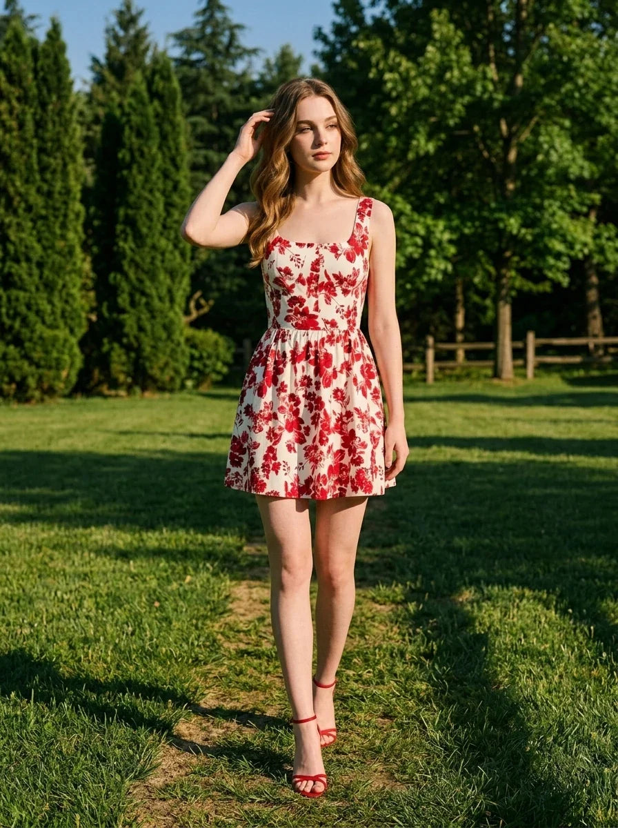 Woman walking in a grassy park, wearing a red and white floral print dress and red strappy heels