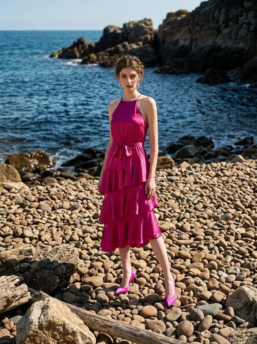 Woman in a fuchsia satin halter tiered midi dress with a self-tie belt, standing on a rocky beach with the ocean in the background.