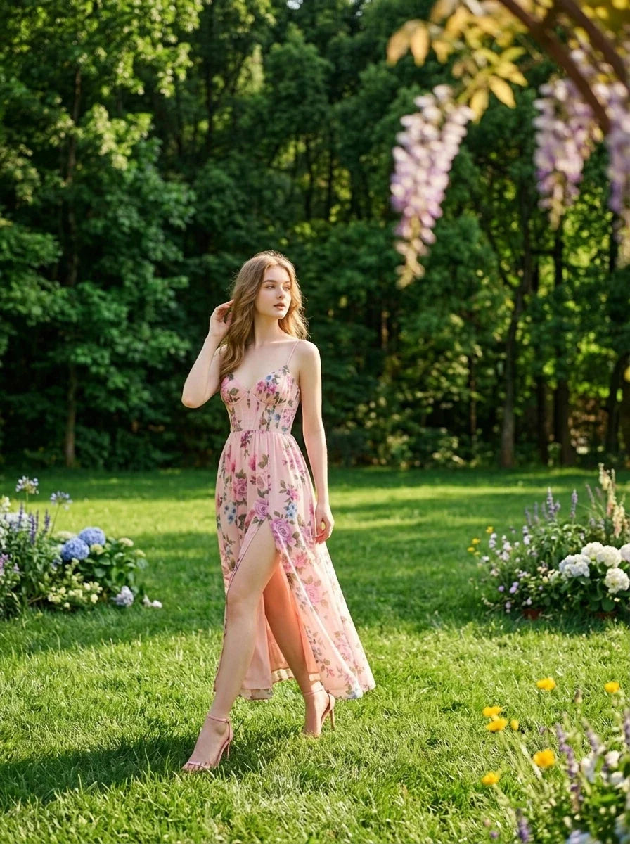 Woman wearing a pink floral print maxi dress with spaghetti straps and a high slit, walking in a sunlit garden with trees in the background.