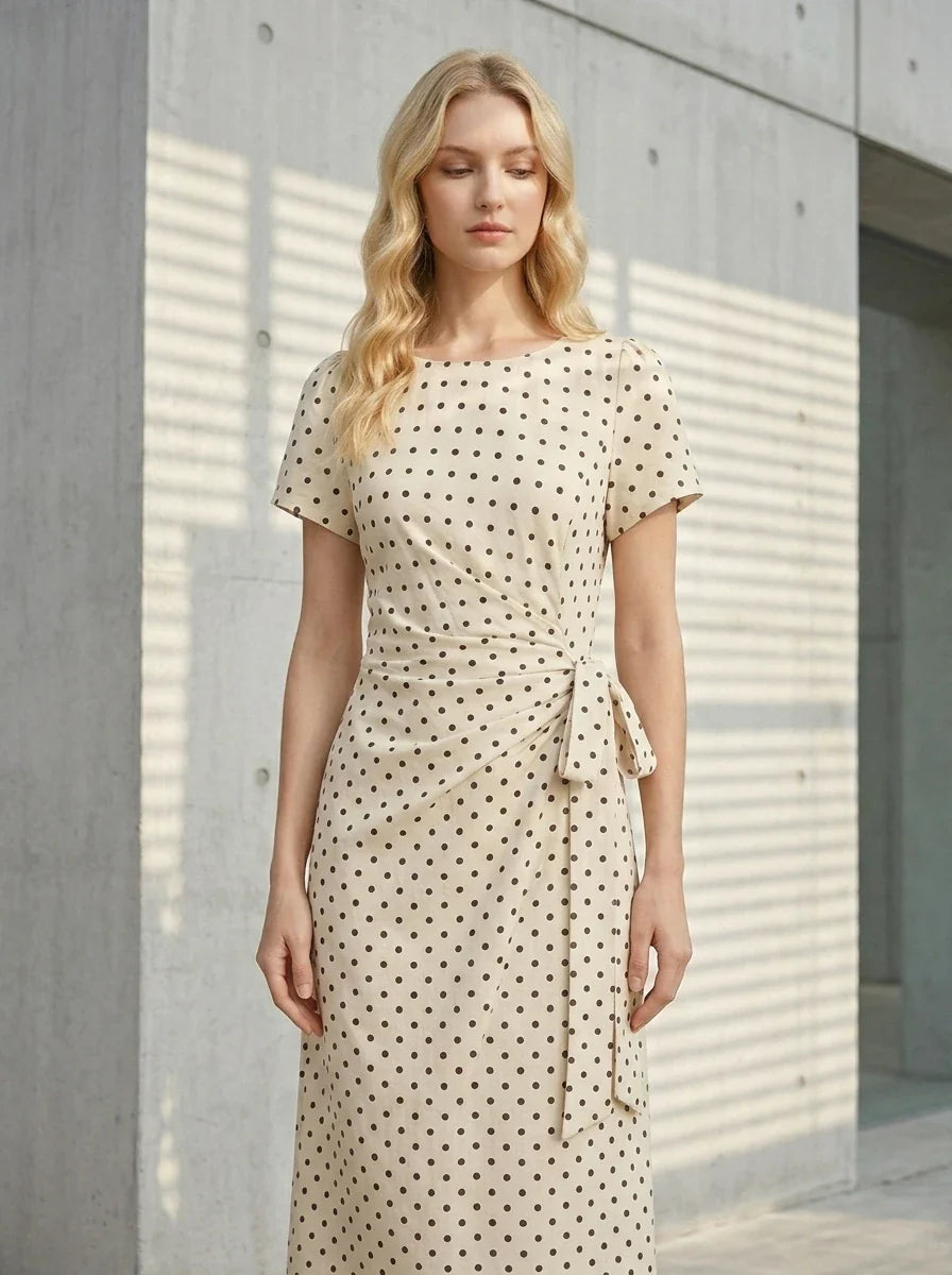 Woman wearing a cream and black polka dot midi wrap dress with short sleeves, standing outdoors against a concrete wall with light and shadow patterns.