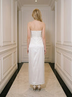 White Strapless Satin Maxi Dress with Split