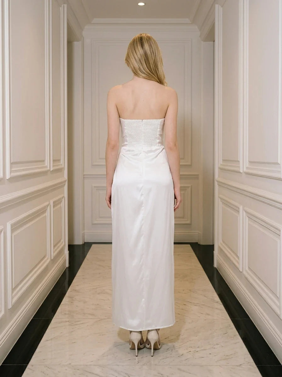 White Strapless Satin Maxi Dress with Split